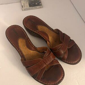Born Leather Wedge Sandals | Burgundy/Brown | Size 9 (EU 40.5) | Comfort Footbed
